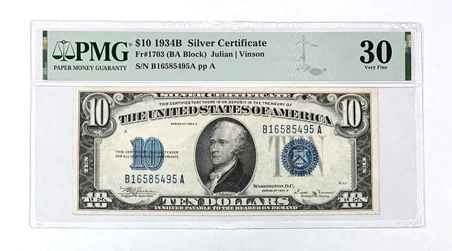 1934-B $10 Silver Certificate  PMG VF30