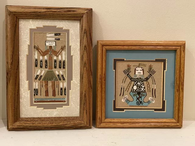 2 Navajo Oak Framed Matted Sand Painting Father Sky Mother Earth Medicine Man