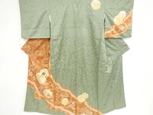 42220# Japanese Kimono / Antique Kimono / Shibori / Embroidery / Camellia