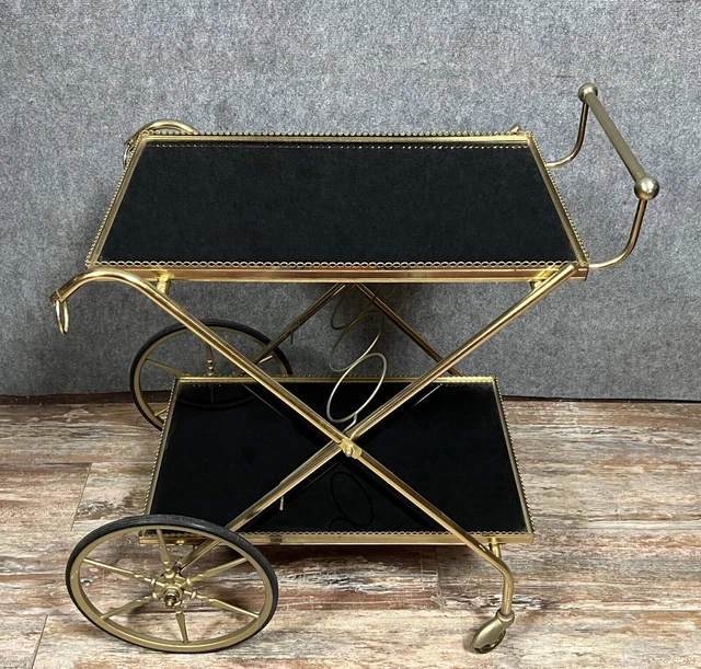 Grazioso carrello roll bar vintage in ottone dorato e vetro fumé