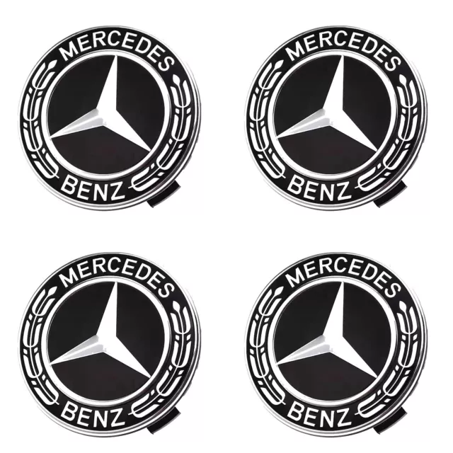 SET OF 4 Mercedes-Benz 75MM Classic Black Wheel Center Hub Caps AMG Wreath