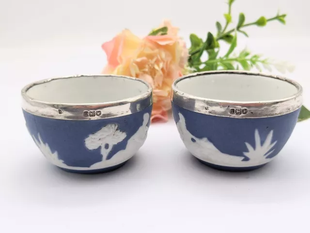 Victorian Jasperware Small Pottery Bowls, Sterling Silver Rims