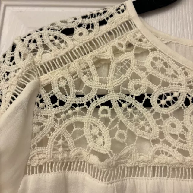 Loft White Chiffon Eyelet Lace  Yoke Tie Sleeve Blouse Size Small S 3