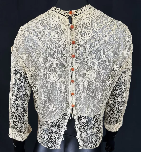 VINTAGE EDWARDIAN SHEER Ivory Lace Silk Lined Amber Button Back Blouse ...