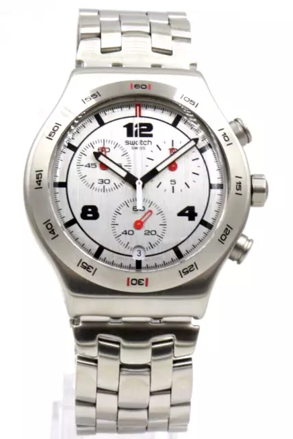 New Swiss Swatch Irony SILVER AGAIN Chronograph Date Steel Watch 44mm YVS447G