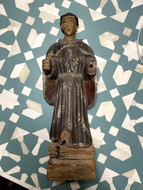 Antique 1700's carved wood polychromed religious Santos saint sculpture statue.