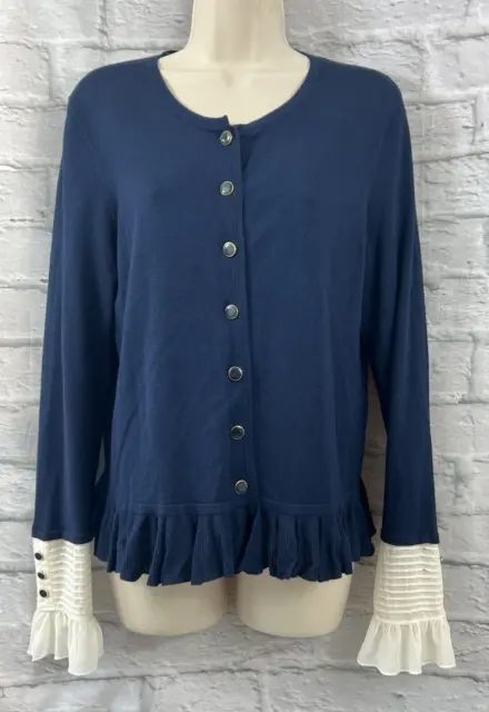 Somerset Alice Temperley Cardigan Faux Under Shirt Size 10 Navy Blue White Knit