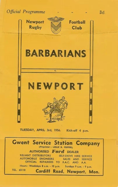 Newport v Barbarians 3 Apr 1956 RUGBY PROGRAMME