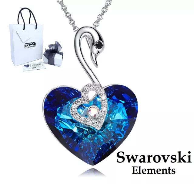 Collana Donna SWAROVSKI Elements Cigno Ciondolo Cuore Blu Oceano Originale Oro