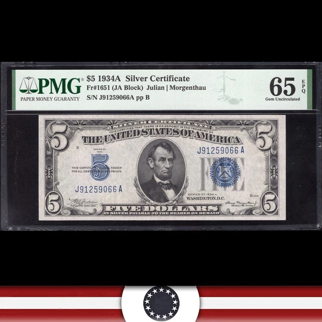 1934-A $5 SILVER CERTIFICATE *J-A Block* PMG 65 EPQ Fr 1651 59066