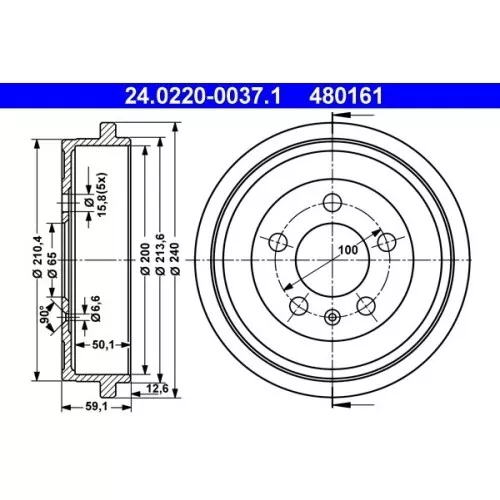 Bremstrommel ATE 24.0220-0037.1 für SEAT SKODA VAG, Hinterachse