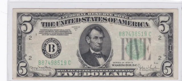 $5 1934-D Federal Reserve Note New York (2-B) Green Seal B87498519C