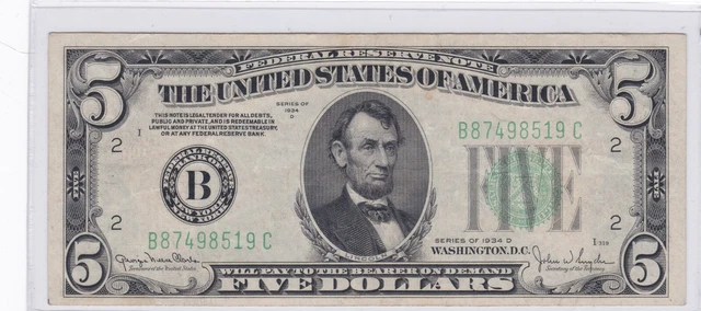$5 1934-D Federal Reserve Note New York (2-B) Green Seal B87498519C