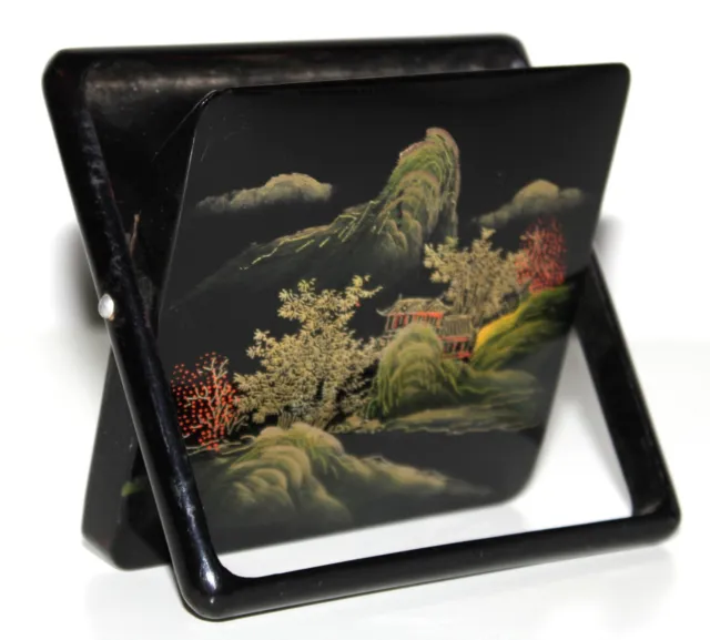 Vintage Japanese Lacquer Ware Cigarette Case Wood Hand Painted Landscape