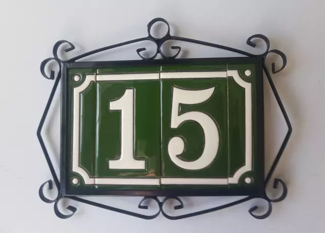 11cm x 5.5cm French Hand-painted Ceramic Green Number Tiles & Metal Frames 2