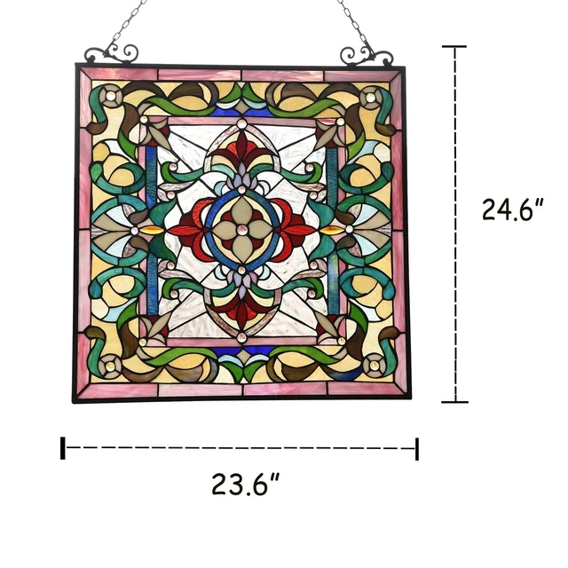 24.6" x 23.6" Tiffany Style Stained Glass Victorian Floral Hanging Window Panel