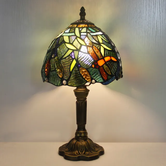 Bedroom table lamp tiffany glass shade 14" tall peacock dragonfly design vintage