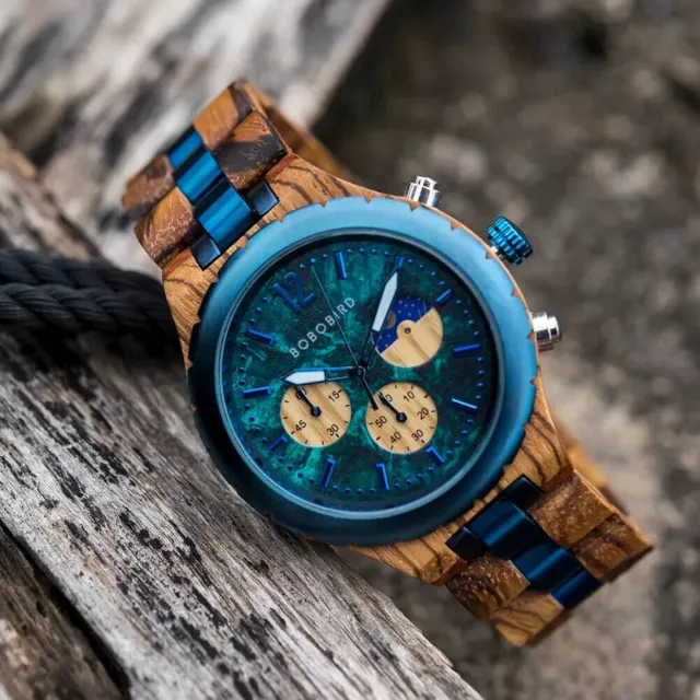 Montre à Quartz en BOIS Style Militaire Bleu Chronographe Luxe Homme Elegant