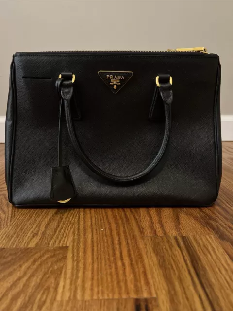 Barely Used  PRADA Galleria Saffiano Bag Medium Black Leather Double Zip Tote