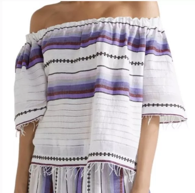 NWT LemLem Adia Off-Shoulder Violet Stripe Fringe Top Made In Ethiopia Small