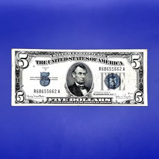 1934 D $5 Five Dollar Silver Certificate ~ Blue Seal Note ~ 662