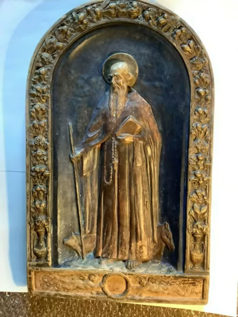 Bas relief terre cuite XIXème, saint Antoine ermite, 46,3 x 28 cm, bon état.