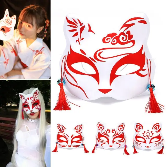 Foxes Half Face Mask Cosplay Rave Hand-Painted Anime N Mask Cat Demon B2X0