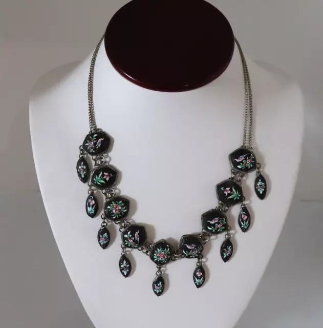 Antique c1930s Black Pink Green Enamel Birds Flowers Necklace Art Deco Vintage