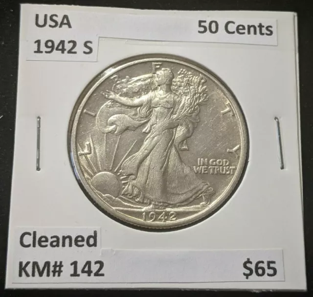 USA 1942 S Half Dollar 50 Cents  KM# 142 Cleaned #184       10C