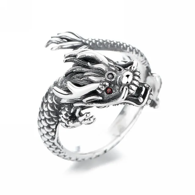 Vintage Style 925 Sterling Silver Red Eyes Coiled Dragon Women Open Ring