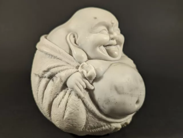 Vintage Stone Carved Happy Smiling Buddha Sitting Statue.  Hand carved marble.