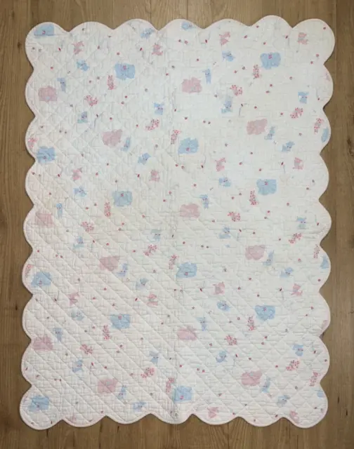 Vintage Baby Blanket Quilted Scalloped Edges White Pastels Animals Cotton Unisex