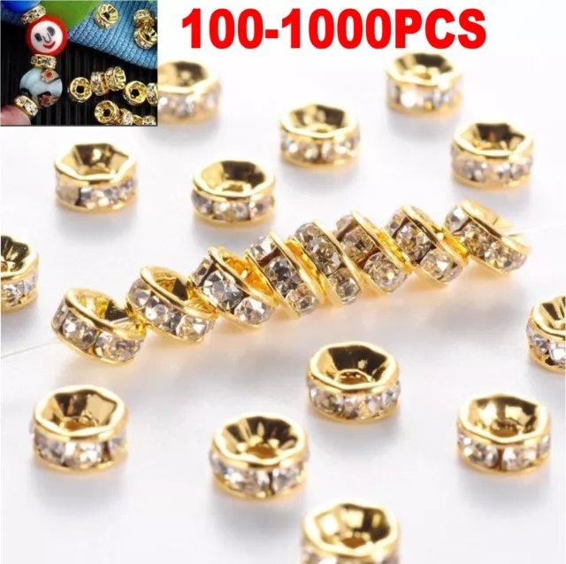 1000PC Golden Austira Clear Crystal Rhinestone Rondelle Spacer Beads DIY 6mm