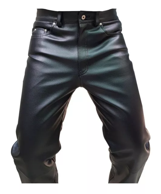 Mens Biker Jeans Real Black Cow Leather Sleek And Sexy 501 Style Pants New