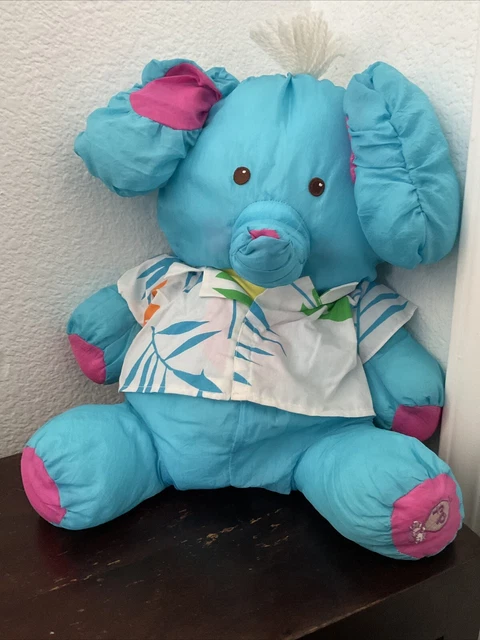 Vintage 1987 Fisher Price Puffalump Blue Elephant Hawaiian Shirt Stuffed Plush