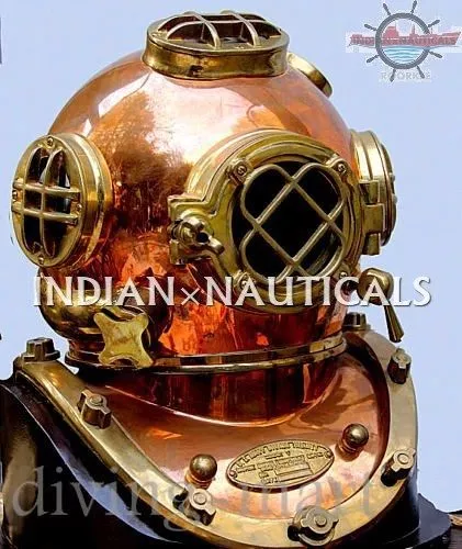 Vintage Model U.s Navy Mark V Solid Copper & Brass Diving Helmet With Base 18"