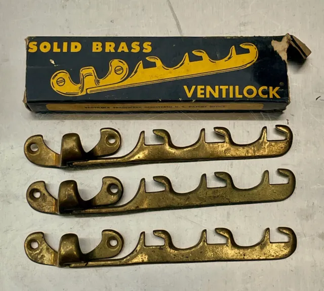 3 Vintage SLAYMAKER Brass Ventilock & Original Box Window Locks Lot Lancaster PA