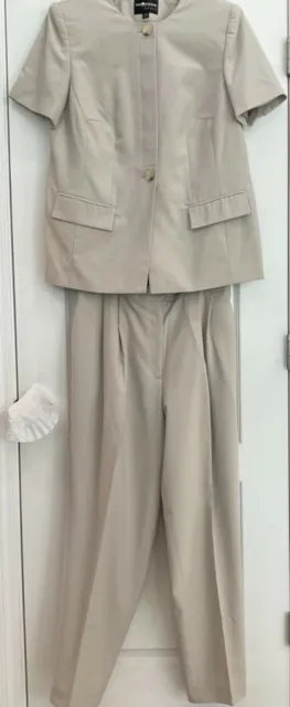 Sag Harbor Womens Pant Suit Size 14W Beige Pinstripe Button Up Jacket Lined 216