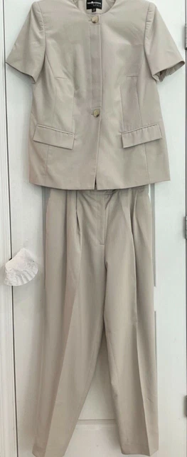 Sag Harbor Womens Pant Suit Size 14W Beige Pinstripe Button Up Jacket Lined 216