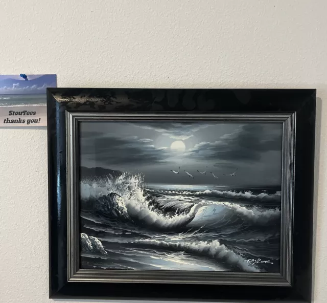 Oil Canvas Painting, Crashing Waves/Moonlight/Seagulls Beautiful Signed Taylor