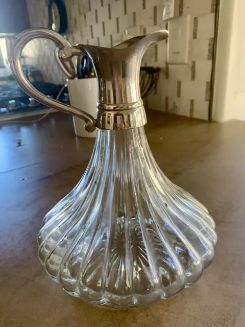 Vintage Ribbed Glass Ornate Wine/Liqueur Decanter With Silverplate Top