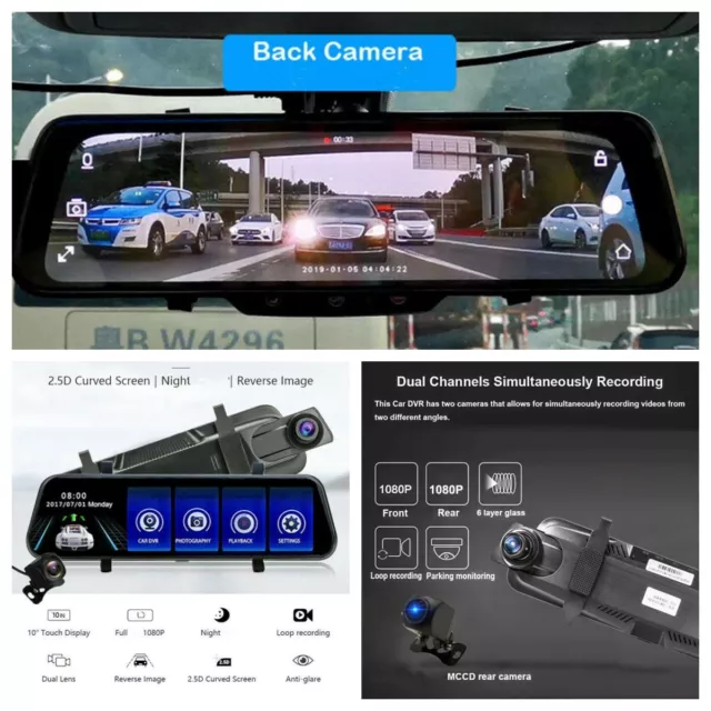 Car Dual Lens DVR Mirror Dash Cam Recorder Touch Screen 1080P +Rear View Camera