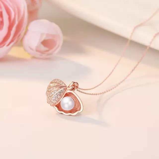 Ladies White Pearl Necklace Jewellery Pendant Rose Golden Shell Chain for Girls