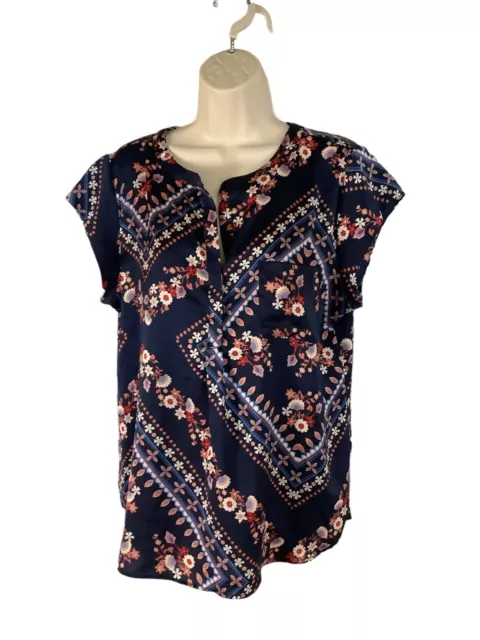 Liz Claiborne Women’s Size XL Navy Multi Floral Blouse V-Neck Cap Short Sleeve