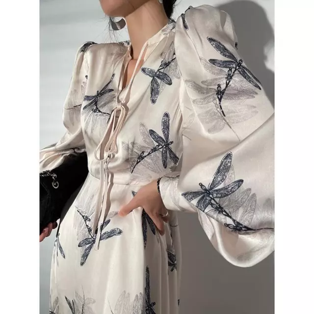 Women's Floral Satin Dress Deep V Long Sleeve High Waist Loose Robe