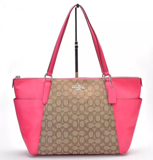 Authentic COACH Signature Tote Bag Canvas Leather Pink