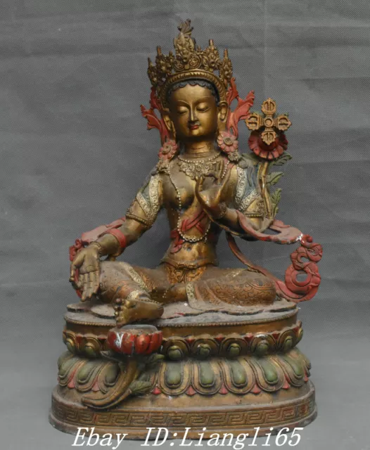 15 "Altes Tibet Bronze vergoldetes Gemälde Grüne Tara Göttin Buddha Statue