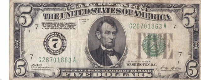 1928-A $5 Dollar Bill Federal Reserve Note FRN Chicago Gold Clause. Big 7