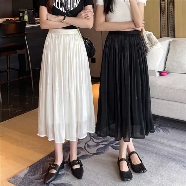 Summer Women Summer High Elastic Waist Pleat Flowy Shine A Line Swing Midi Skirt