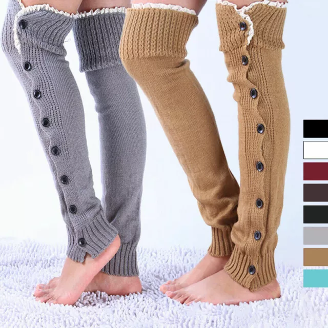 Womens Knitted Stocking Leg Warmers Button Lace Over The Knee Socks Legging Boot